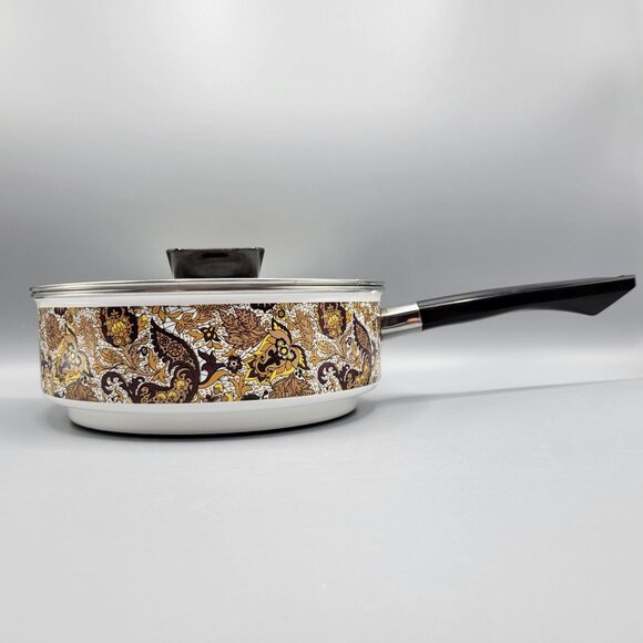 Vintage MCM Prestige Japy Marne Enamel Paisley Floral Sauce Pan w Lid France - Picture 12 of 16